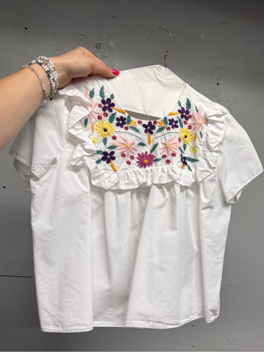 Zara White Floral Embroidered Ruffle Yoke Blouse